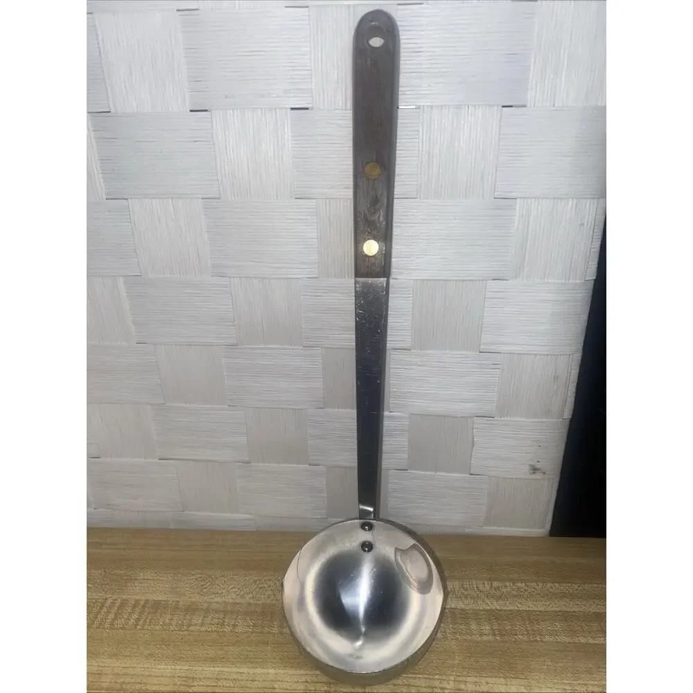 VTG MCM Stainless Steel Soup Ladle Brass Riveted Wood Handle 12” Long